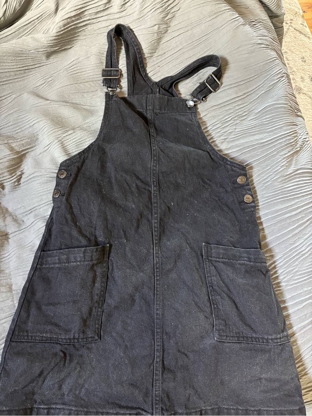 Black Denim Overall Dress with Front Pockets
